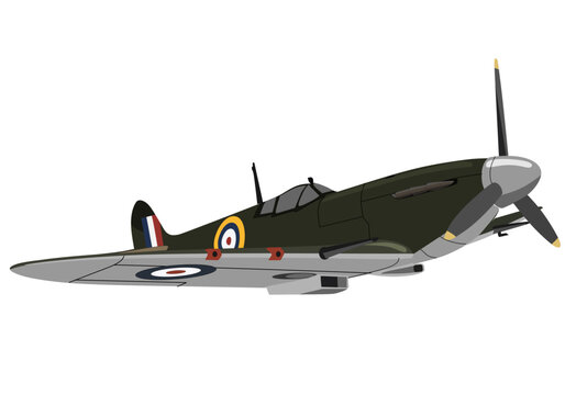 Classic British Spitfire World War II military fighter airplane vector illustration isolated on white background
