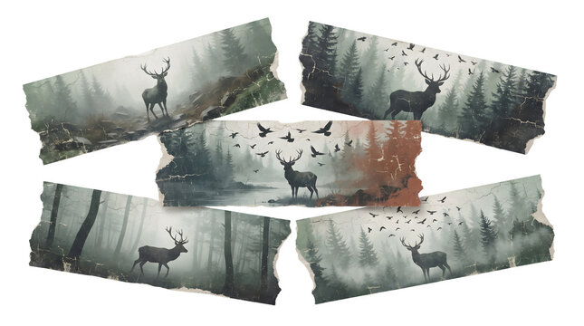 Set of artistic deer in misty forest landscapes with flying birds, vintage paper texture style isolated on transparent background