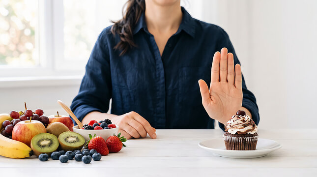 Woman showing stop gesture to avoid eating sweet cupcake and choosing healthy fruit instead