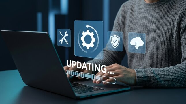 A person works on a laptop with updating software icons in modern digital design.