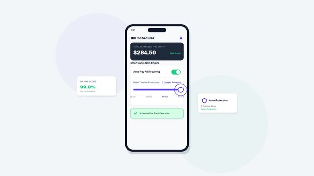 Mobile app screen showing financial bill scheduler and automated payment user interface with clean minimalist design and floating analytical widgets