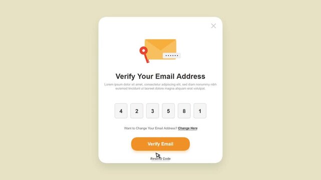 Email verification code input popup screen animation on digital interface