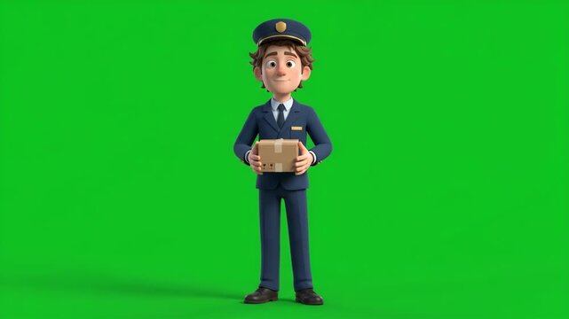 3D cartoon postman delivering a package, isolated on a green screen for easy compositing.