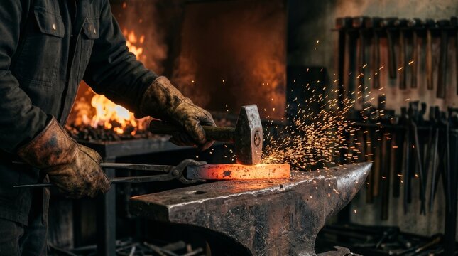 A blacksmith works in a forge, hammering hot metal on an anvil while sparks fly.