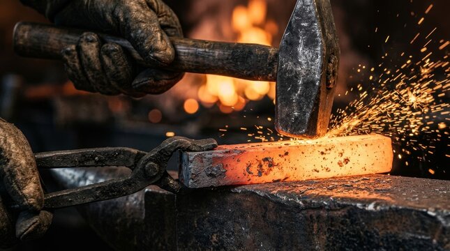 A blacksmith strikes hot metal with a hammer, creating sparks in a workshop setting.