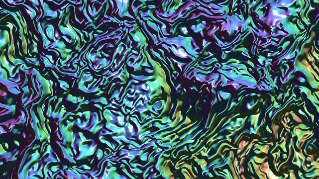 Iridescent liquid surface swirls with metallic teal and purple colors