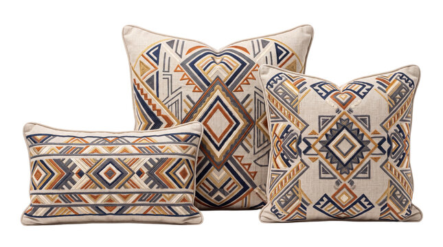 Bohemian tribal decorative pillows with geometric patterns, set of three ethnic style throw cushions, rustic southwest home decor textiles on white background