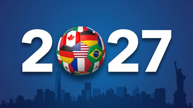 International soccer ball with world flags and 2027 year text, global football tournament concept on blue background, world cup championship sports event banner with city skyline silhouette.