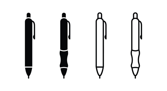 Four black ballpoint pen silhouettes against a white background demonstrate writing instrument design pens implements