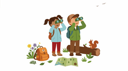 Fototapeta premium Two children with backpacks looking through binoculars at a squirrel on a log, flat design illustration