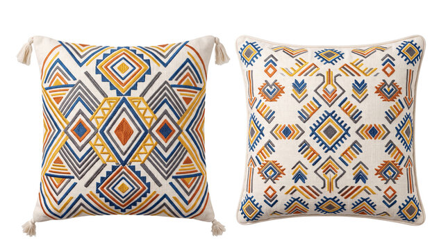 Bohemian tribal decorative pillows with geometric embroidery, set of 2 ethnic throw cushions, colorful aztec pattern home decor accessories on white background