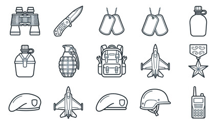 Obraz premium Set of fifteen military equipment and army gear line art icons.