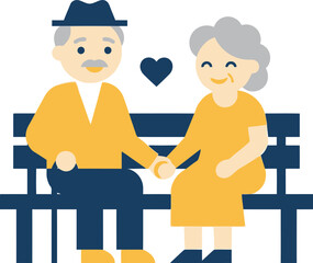 Fototapeta premium Happy senior couple sitting on a bench holding hands, vector illustration of elderly grandparents in love