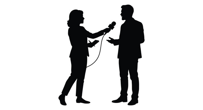 Silhouette of reporter interviewing a man against a white background