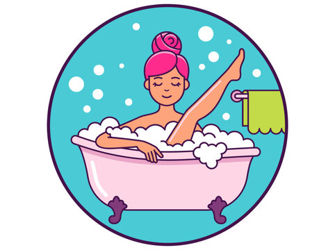 Woman Relaxing in a Pink Bubble Bath Illustration, Vector Art of Self-Care and Hygiene Routine in a Clawfoot Tub