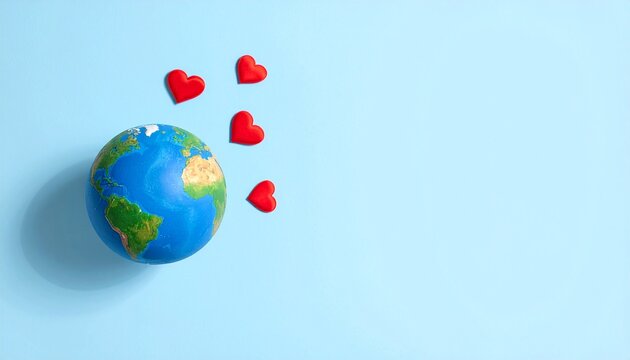 World Heart Day celebration with a realistic planet Earth globe surrounded by floating red hearts on a soft light blue background for global unity