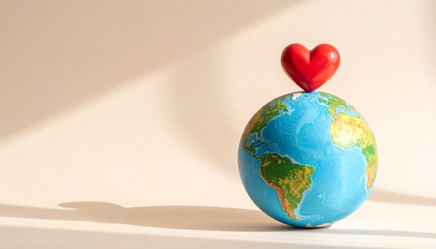World heart day concept featuring a realistic miniature earth globe with a small red heart placed on top for global care and health awareness