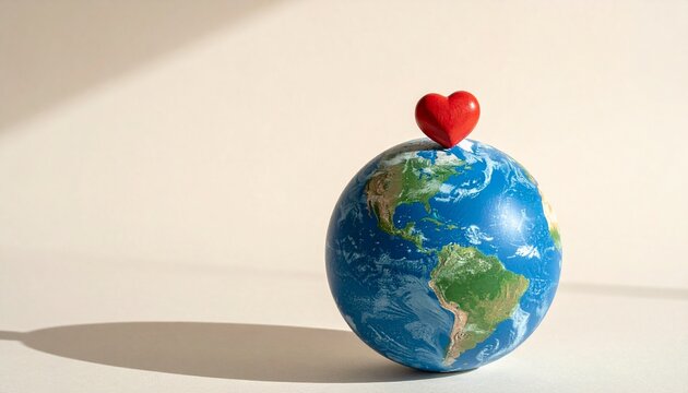 Celebrate World Heart Day with this symbolic representation featuring a miniature Earth globe adorned with a single red heart reflecting love and global health