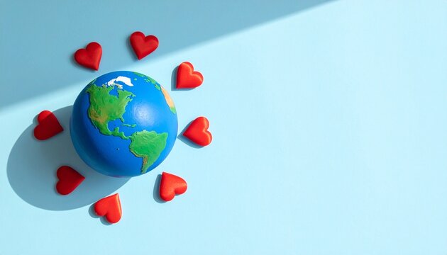 Celebrating World Heart Day with a symbolic globe surrounded by red hearts representing global unity, love for our planet, and compassionate health