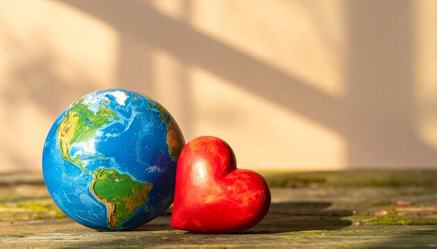 World heart day concept featuring a realistic earth globe and a red heart symbol resting on a textured wooden surface for environmental awareness