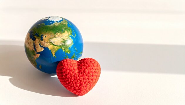 Celebrate World Heart Day with a symbolic representation featuring a small realistic Earth globe paired with a handcrafted red crochet heart