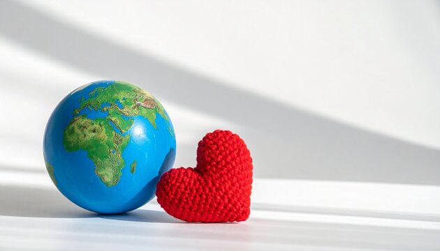 A small globe and a knitted heart displayed on a bright surface to celebrate World Heart Day and promote global health awareness and kindness