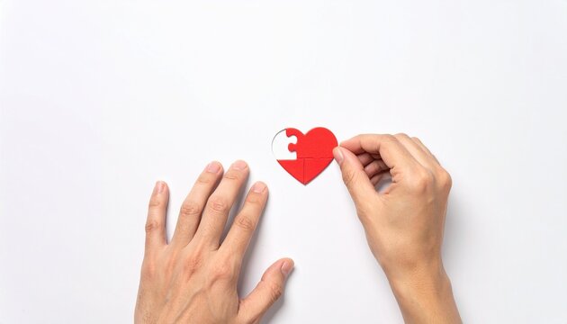 Hands carefully connecting a red heart puzzle piece on a white background for world heart day conceptual photography and mindful health awareness