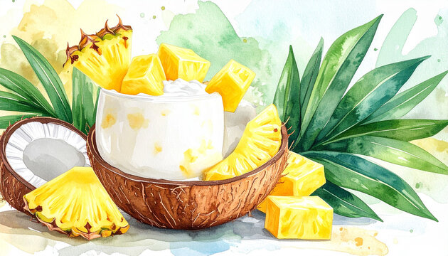 Coconut yogurt dessert with pineapple chunks and tropical foliage, watercolor artwork