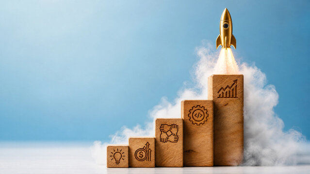 A golden rocket launching from wooden blocks representing business growth and development