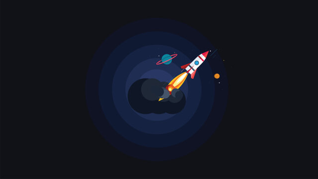 Rocket ship flying through space with planets