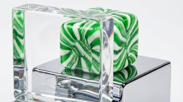 Green and white striped candy cube in glass display