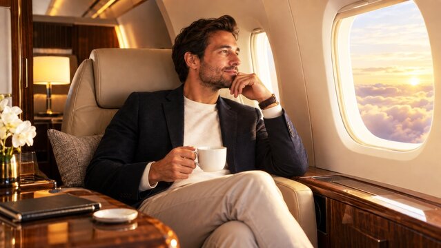 Man drinking coffee and gazing at a sunset from a private jet window