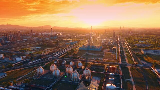 Chemical plant complex during sunset with bright sky. Spherical containers and tall chimneys stand in an industrial park under orange clouds.