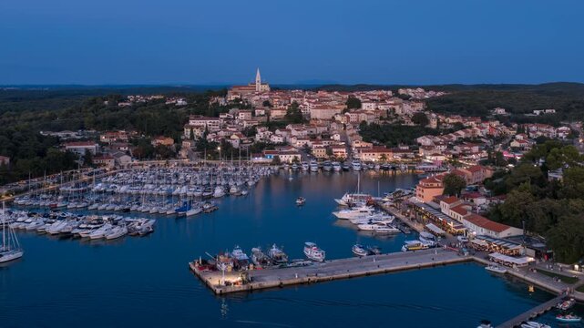 Vrsar marina and old town from day to night, aerial hyperlapse, Istria, Croatia