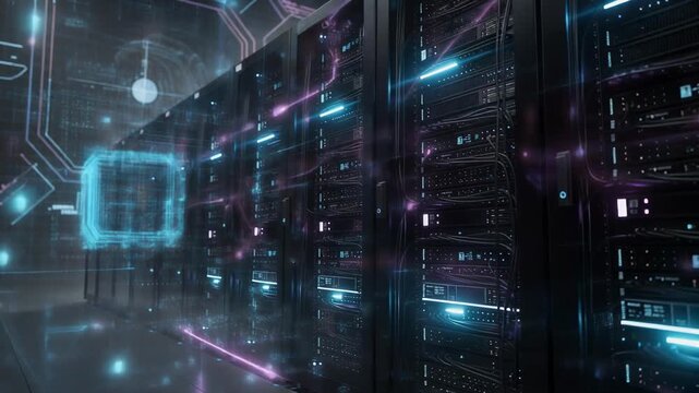 Futuristic data center with glowing energy beams and advanced technology in a high tech environment