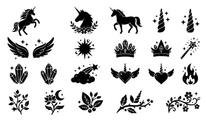 Fototapeta premium Magical Unicorn Silhouette Icon Vector Set with Crowns Stars Wings Crystals and Floral Elements for Fairytale Themes Kids Designs and Fantasy Projects