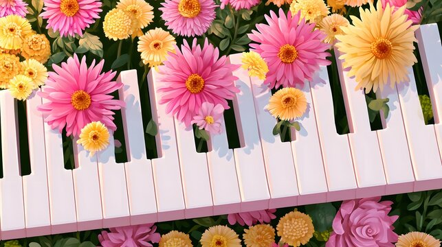 White piano keys with pink and yellow flowers in sunny garden