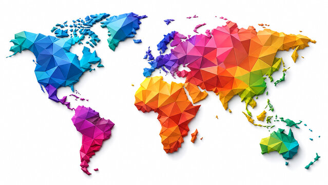 Colorful geometric world map with abstract triangular polygons on a clean white background