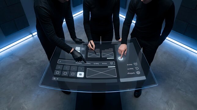 Futuristic interface on transparent screen for technological innovation and digital interaction.