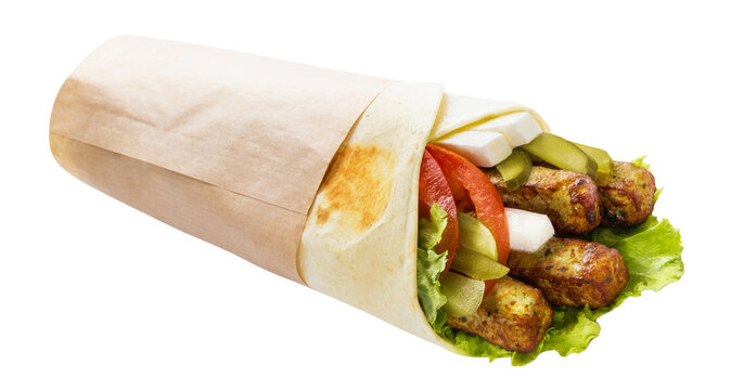 Stuffed lavash wrap with fried chicken sticks, pickles, cheese, tomato, and lettuce, isolated on transparent cutout background