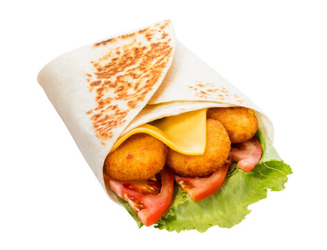 Grilled lavash wrap with crispy chicken, cheese, tomato, and lettuce, isolated on transparent cutout background