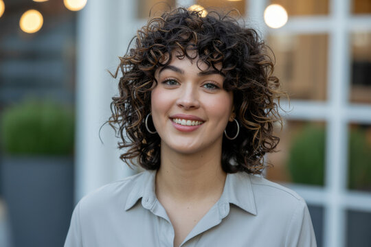 Smiling woman with curly brown hair wearing silver earrings in the street