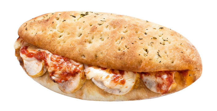 Toasted chicken cheese and tomato sauce sub sandwich, isolated on transparent cutout background