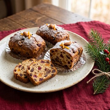 Homemade Christmas fruitcake with dried fruits and powdered sugar