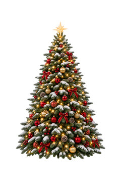 Snow Covered Christmas Tree with Red Gold Ornaments and Warm Lights isolated transparent background