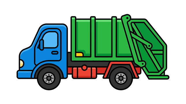 Flat vector illustration of a blue and green garbage truck isolated on a white background, featuring a cartoon-style waste management vehicle for recycling and sanitation concepts.
