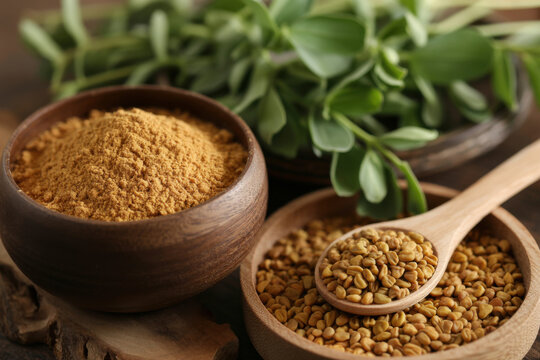 Natural fenugreek powder and whole seeds on a wooden spoon for herbal health
