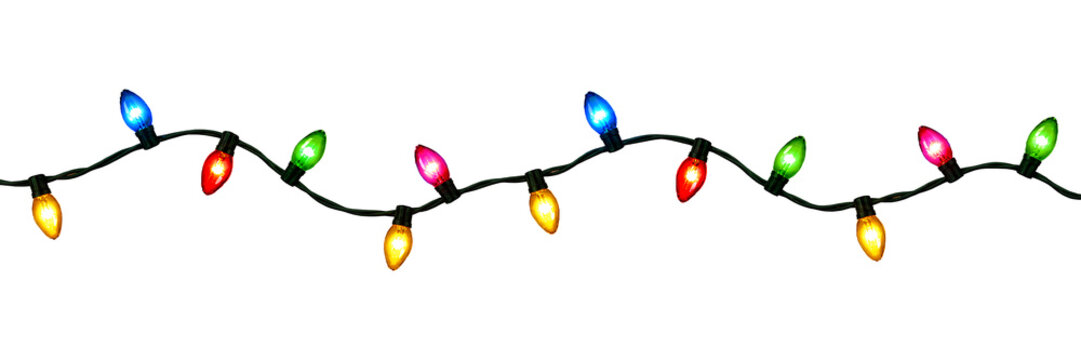 Colorful Christmas String Lights with Multicolor Glowing Bulbs for Holiday Decoration isolated transparent background