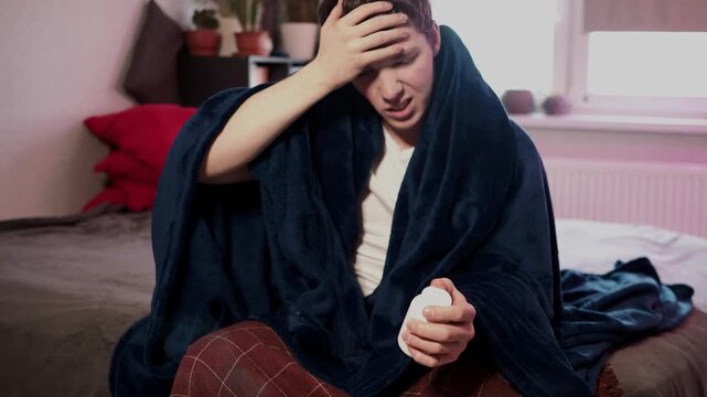 Sick guy with cold, flu or virus illness with cough and running nose lying in bed and using tissues. Sneezing ill guy at home. Man and health