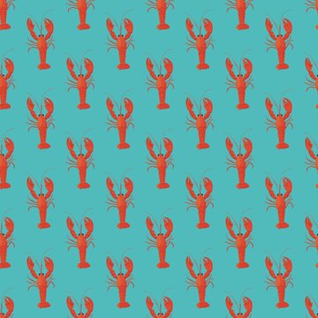 Seamless pattern with red lobsters on turquoise blue background for seafood packaging, nautical wallpaper and background
